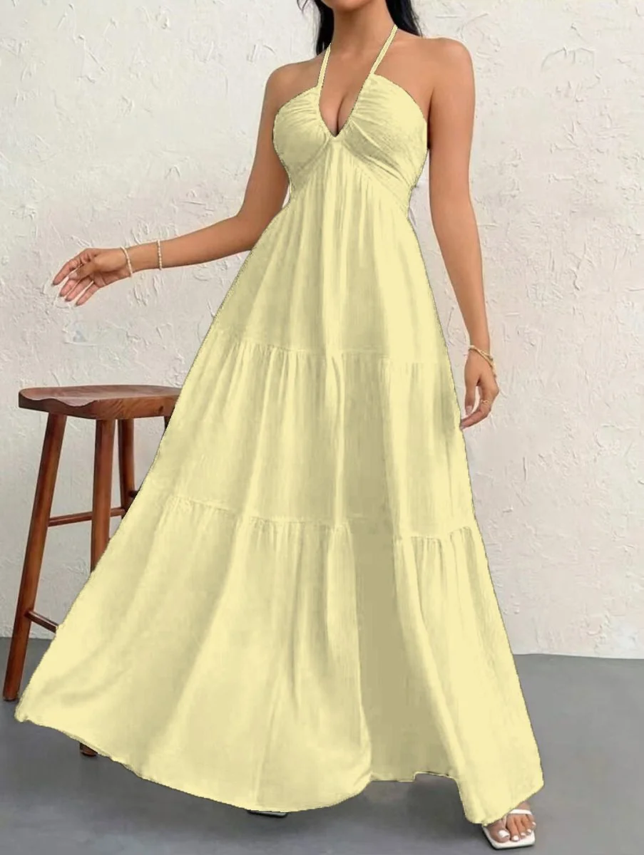 Backless Halterneck V-Neck Pleated A Line Dress Ankle-length Skirt For Beach Vacation Summer Dress - Image 10