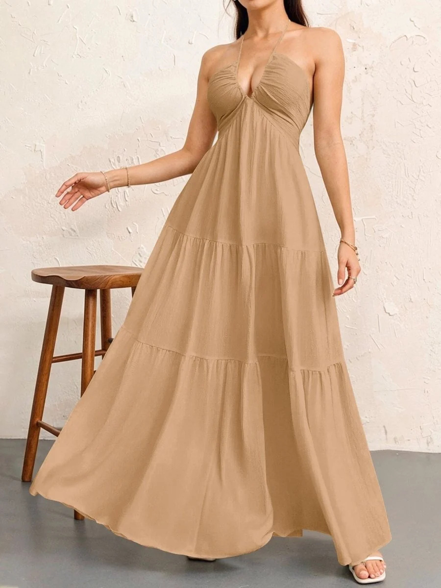 Backless Halterneck V-Neck Pleated A Line Dress Ankle-length Skirt For Beach Vacation Summer Dress - Image 11