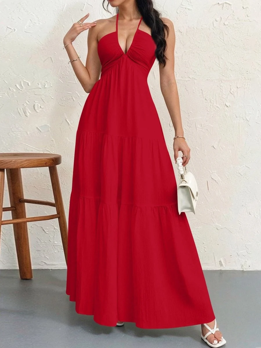 Backless Halterneck V-Neck Pleated A Line Dress Ankle-length Skirt For Beach Vacation Summer Dress - Image 13
