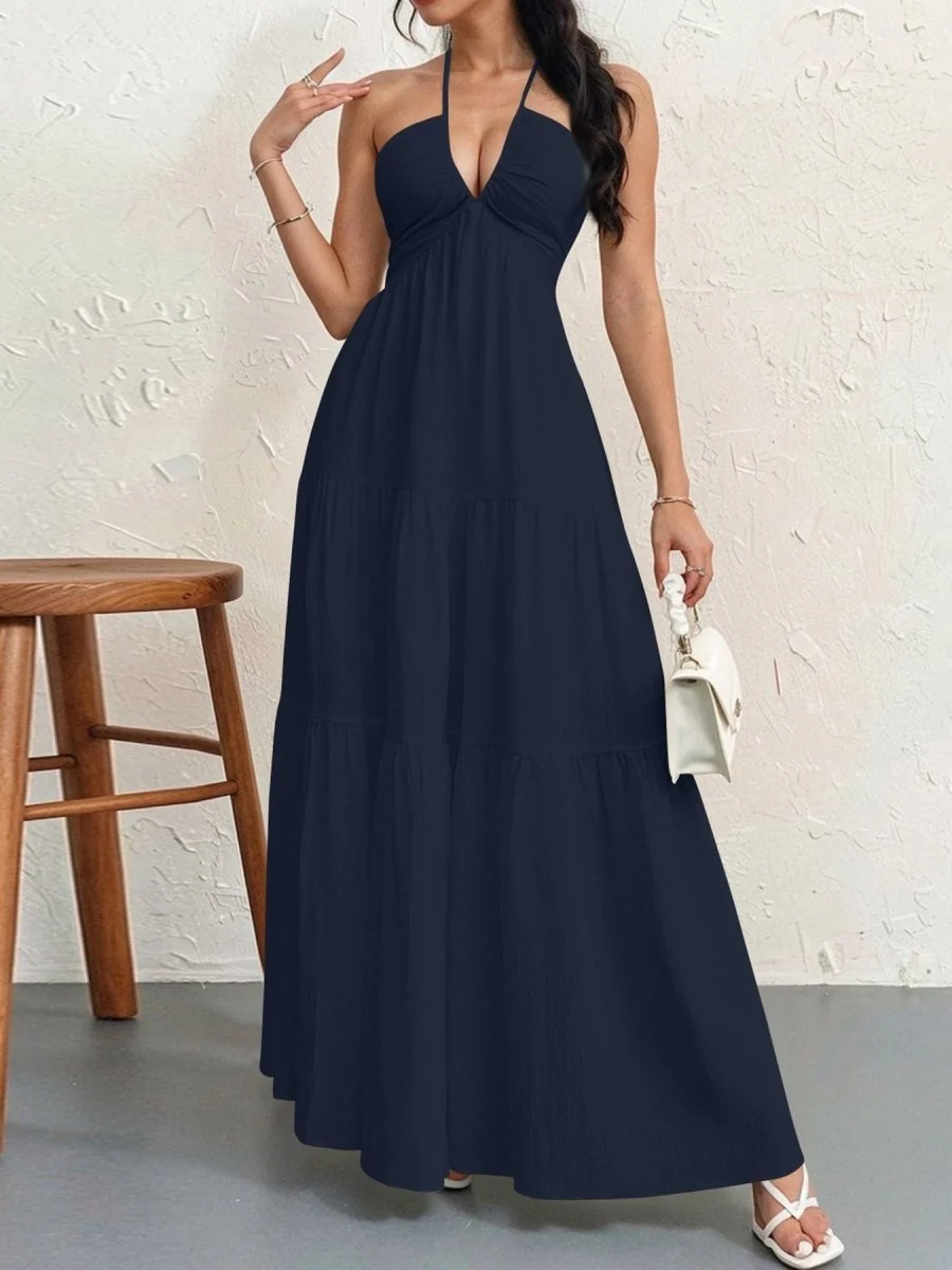 Backless Halterneck V-Neck Pleated A Line Dress Ankle-length Skirt For Beach Vacation Summer Dress - Image 14