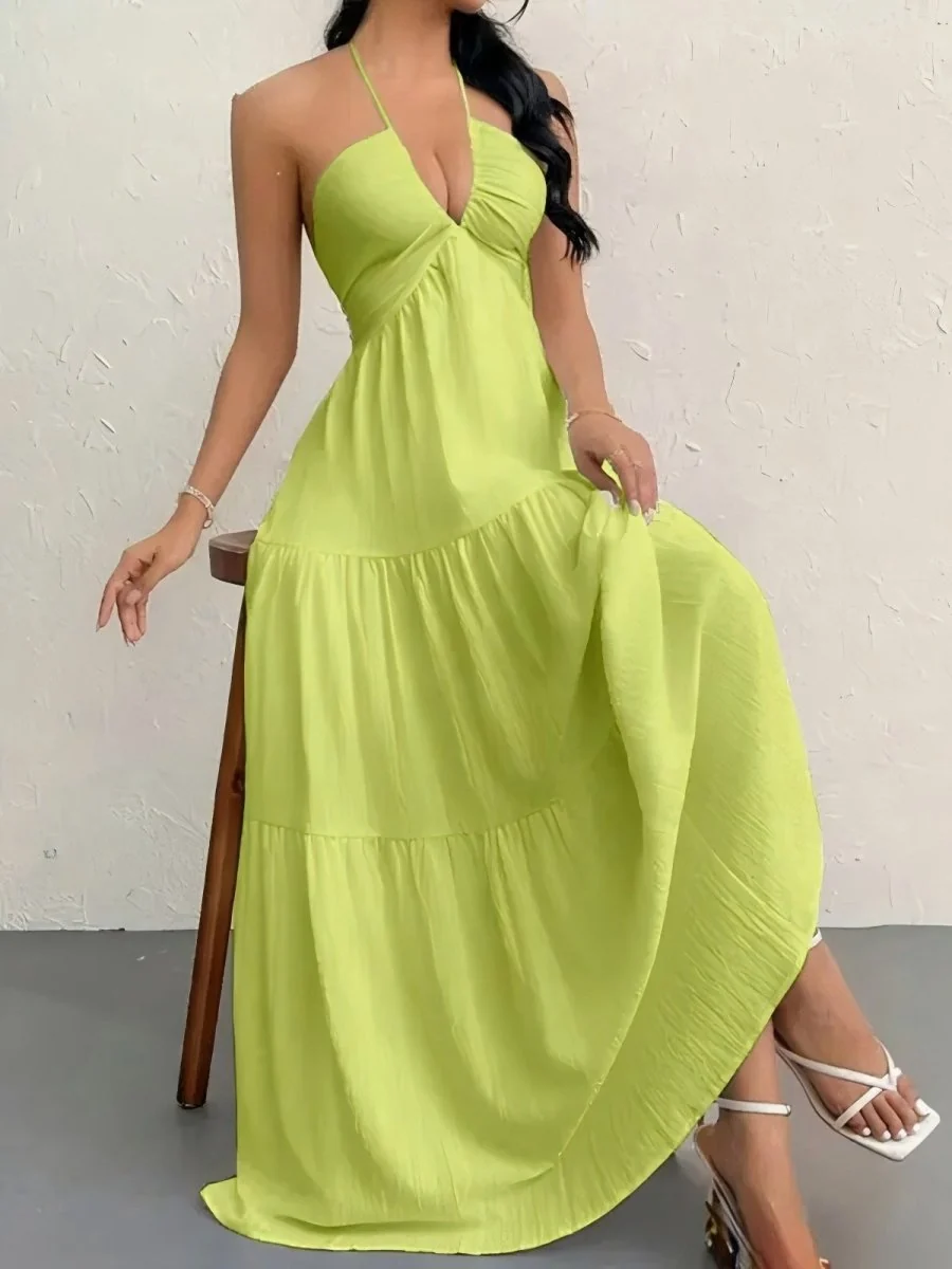 Backless Halterneck V-Neck Pleated A Line Dress Ankle-length Skirt For Beach Vacation Summer Dress - Image 15
