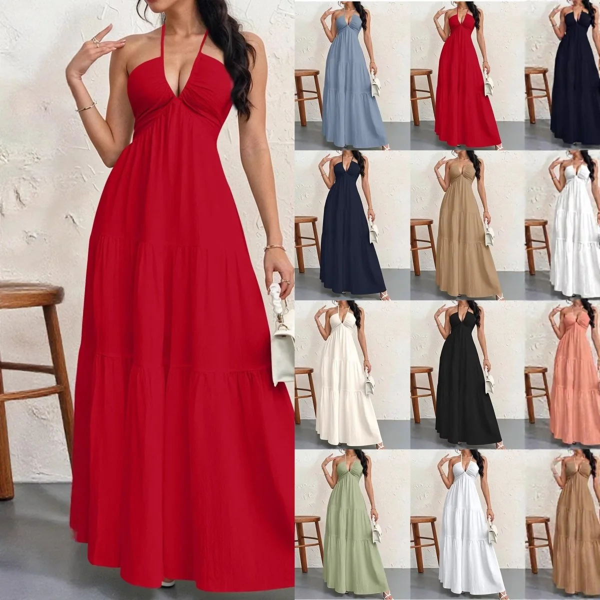 Backless Halterneck V-Neck Pleated A Line Dress Ankle-length Skirt For Beach Vacation Summer Dress - Image 16