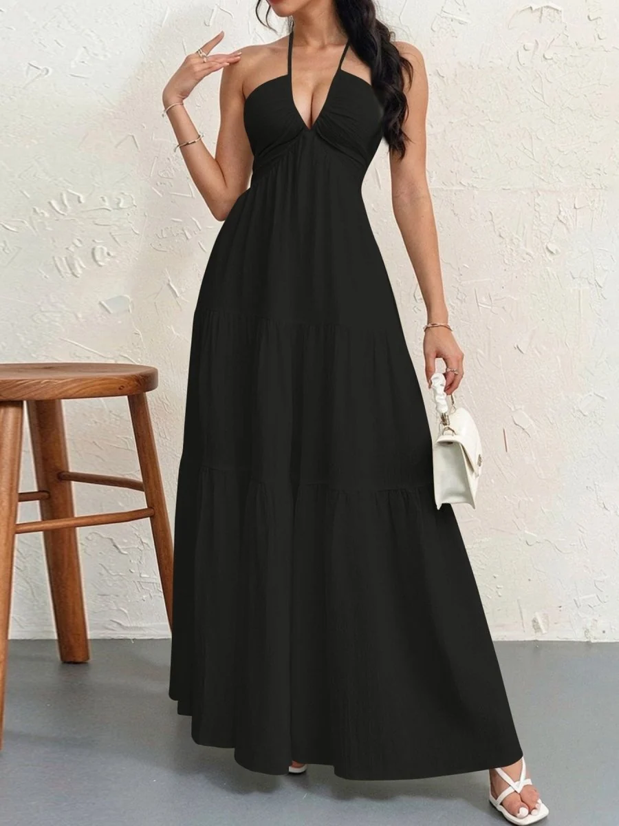 Backless Halterneck V-Neck Pleated A Line Dress Ankle-length Skirt For Beach Vacation Summer Dress - Image 3