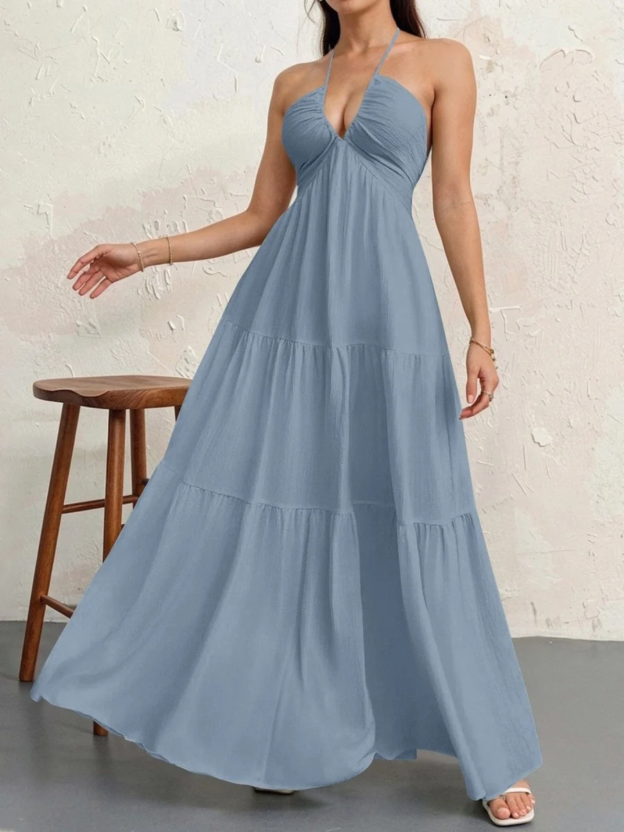 Backless Halterneck V-Neck Pleated A Line Dress Ankle-length Skirt For Beach Vacation Summer Dress - Image 9