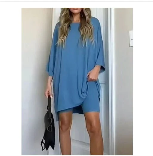 Crewneck Two-Piece Set For Women Summer Casual Oversized Split Hem Shirts & Side Pocket Biker Shorts Minimalist Lounge Wear Soft Viscose Fabric Comfy Homewear Cozy Pjs - Image 10