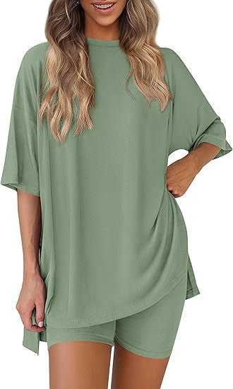 Crewneck Two-Piece Set For Women Summer Casual Oversized Split Hem Shirts & Side Pocket Biker Shorts Minimalist Lounge Wear Soft Viscose Fabric Comfy Homewear Cozy Pjs - Image 11