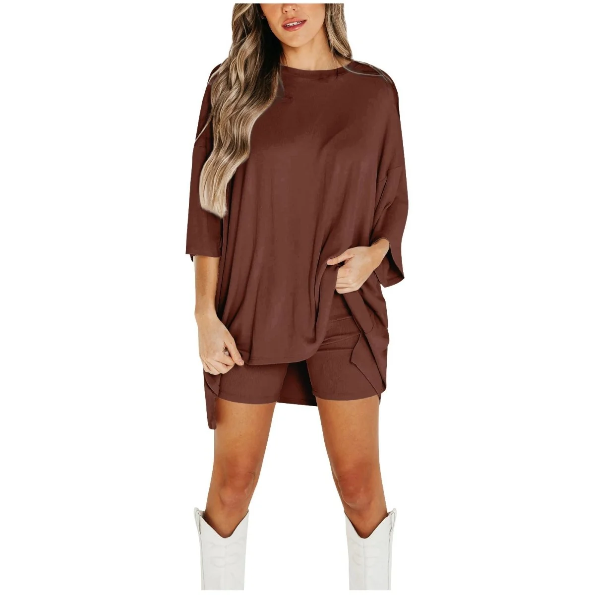 Crewneck Two-Piece Set For Women Summer Casual Oversized Split Hem Shirts & Side Pocket Biker Shorts Minimalist Lounge Wear Soft Viscose Fabric Comfy Homewear Cozy Pjs - Image 13