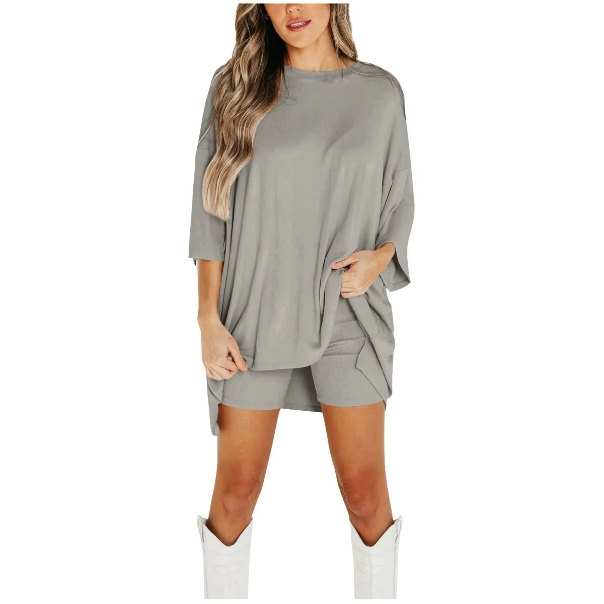 Crewneck Two-Piece Set For Women Summer Casual Oversized Split Hem Shirts & Side Pocket Biker Shorts Minimalist Lounge Wear Soft Viscose Fabric Comfy Homewear Cozy Pjs - Image 14
