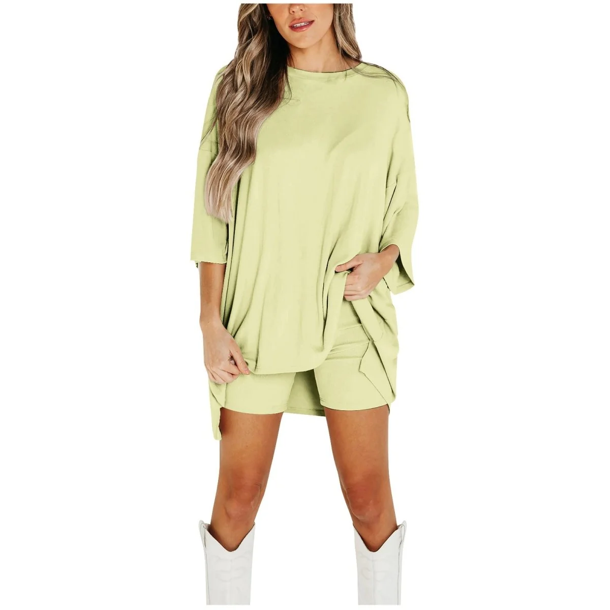 Crewneck Two-Piece Set For Women Summer Casual Oversized Split Hem Shirts & Side Pocket Biker Shorts Minimalist Lounge Wear Soft Viscose Fabric Comfy Homewear Cozy Pjs - Image 15
