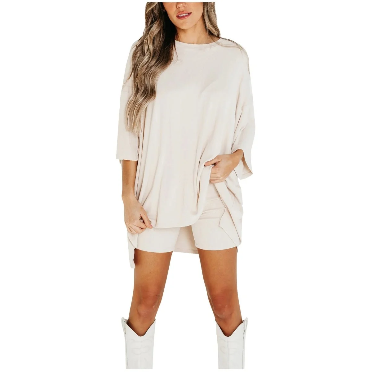 Crewneck Two-Piece Set For Women Summer Casual Oversized Split Hem Shirts & Side Pocket Biker Shorts Minimalist Lounge Wear Soft Viscose Fabric Comfy Homewear Cozy Pjs - Image 19