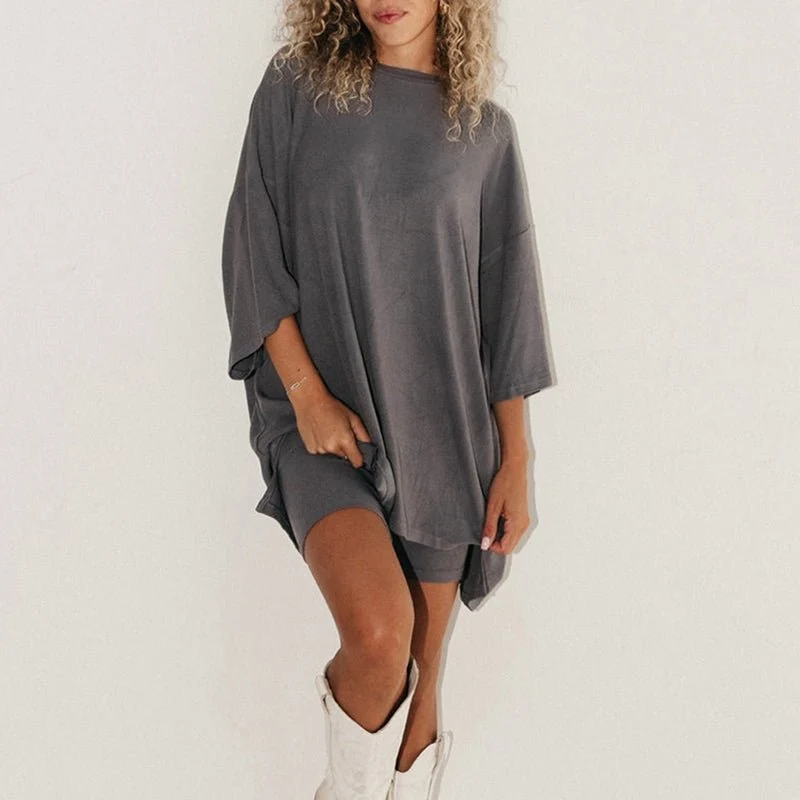 Crewneck Two-Piece Set For Women Summer Casual Oversized Split Hem Shirts & Side Pocket Biker Shorts Minimalist Lounge Wear Soft Viscose Fabric Comfy Homewear Cozy Pjs - Image 3