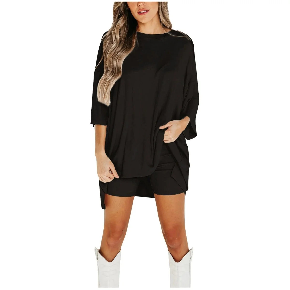 Crewneck Two-Piece Set For Women Summer Casual Oversized Split Hem Shirts & Side Pocket Biker Shorts Minimalist Lounge Wear Soft Viscose Fabric Comfy Homewear Cozy Pjs - Image 7