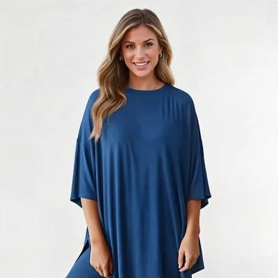 Crewneck Two-Piece Set For Women Summer Casual Oversized Split Hem Shirts & Side Pocket Biker Shorts Minimalist Lounge Wear Soft Viscose Fabric Comfy Homewear Cozy Pjs - Image 8