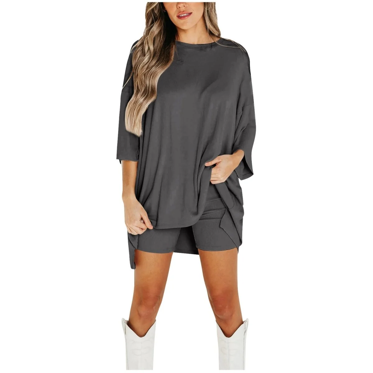 Crewneck Two-Piece Set For Women Summer Casual Oversized Split Hem Shirts & Side Pocket Biker Shorts Minimalist Lounge Wear Soft Viscose Fabric Comfy Homewear Cozy Pjs - Image 9