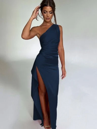 Sexy One Shoulder Satin High Split Cocktail Fit Wedding Party Maxi Formal Dress - Image 11