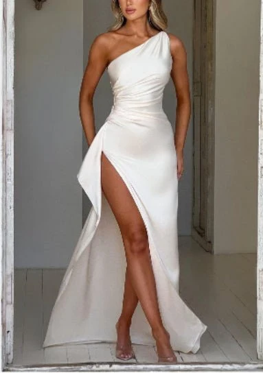 Sexy One Shoulder Satin High Split Cocktail Fit Wedding Party Maxi Formal Dress - Image 20