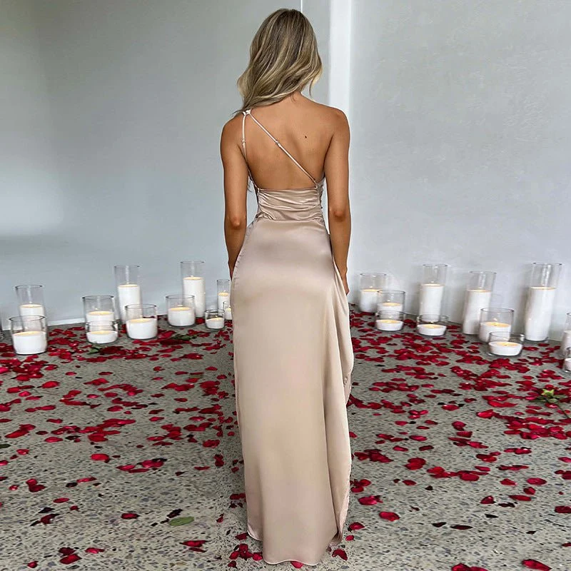 Sexy One Shoulder Satin High Split Cocktail Fit Wedding Party Maxi Formal Dress - Image 4