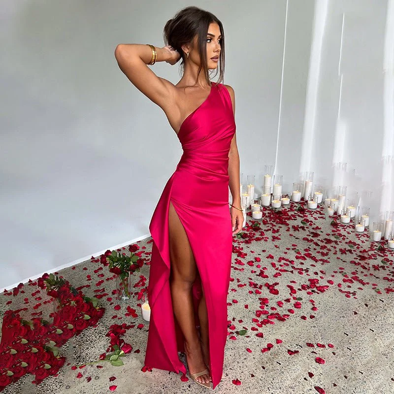 Sexy One Shoulder Satin High Split Cocktail Fit Wedding Party Maxi Formal Dress - Image 5