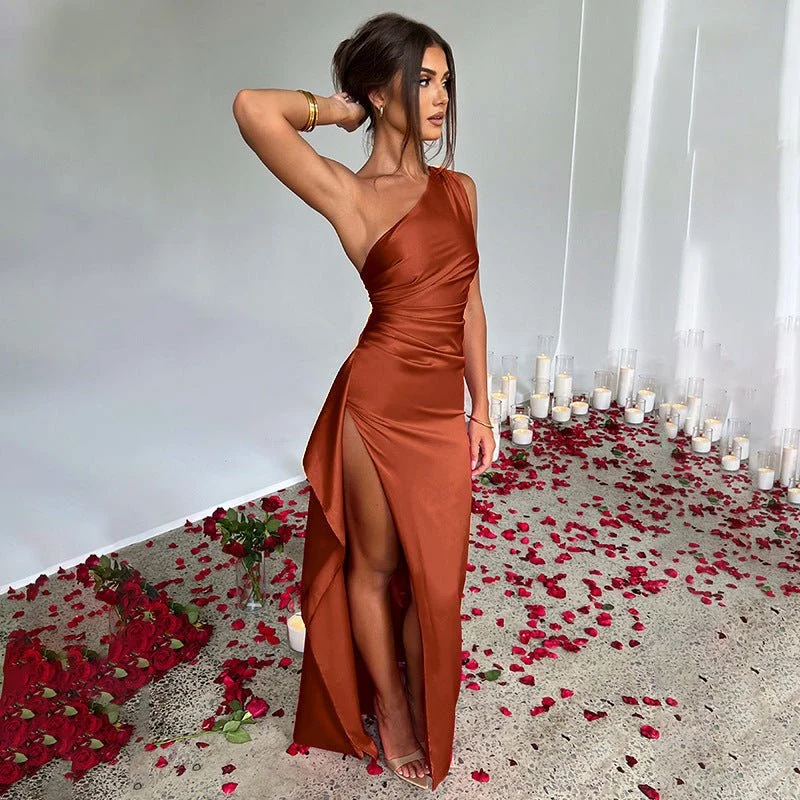 Sexy One Shoulder Satin High Split Cocktail Fit Wedding Party Maxi Formal Dress - Image 6