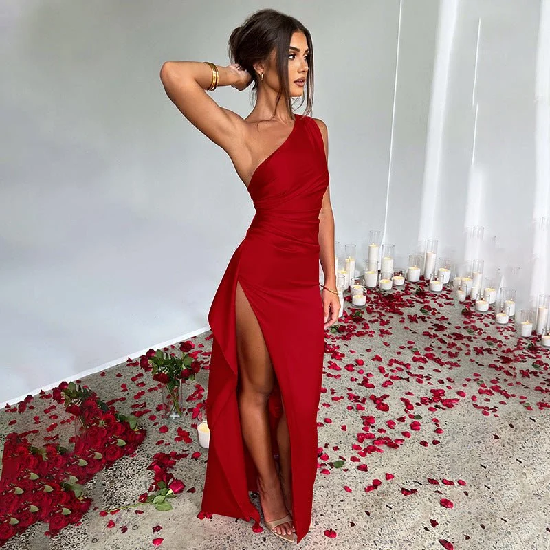 Sexy One Shoulder Satin High Split Cocktail Fit Wedding Party Maxi Formal Dress - Image 7