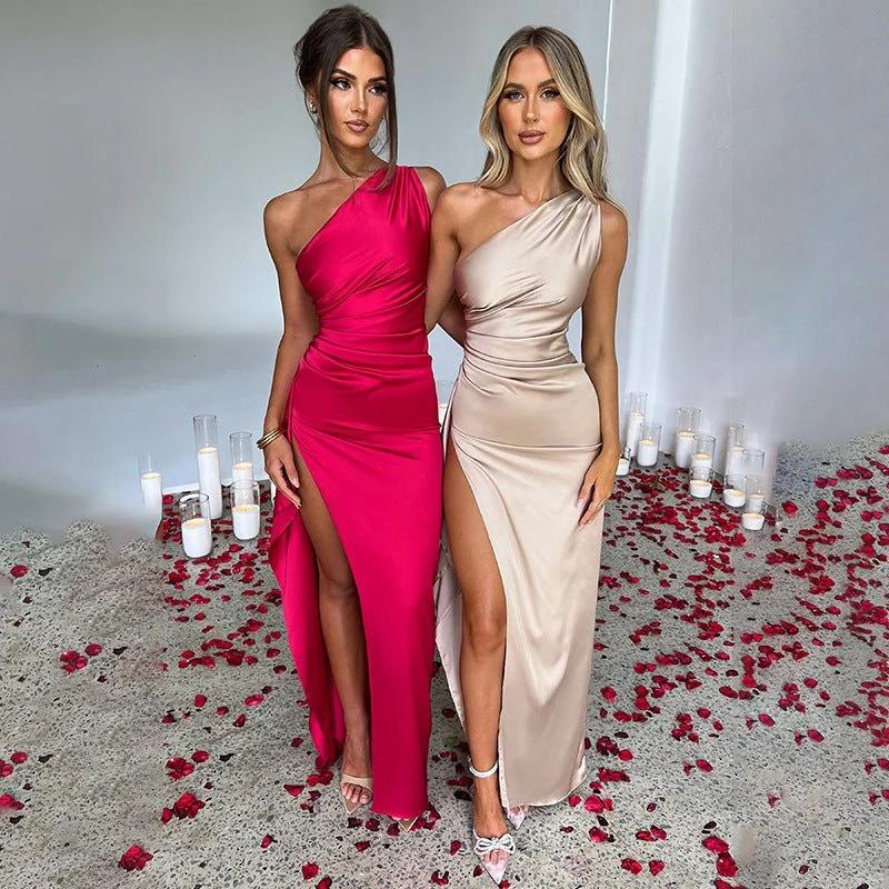 Sexy One Shoulder Satin High Split Cocktail Fit Wedding Party Maxi Formal Dress - Image 9